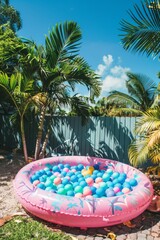 Pink inflatable pool with multicolored balls in sunny yard