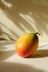 Whole mango with morning dew in natural sunlight
