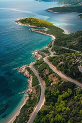 Aerial view of serpentine road along Mediterranean coastline