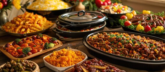 Convenient catering options for your gathering, featuring a variety of dishes laid out for easy...