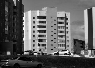 Modern apartment buildings. Contemporary architecture. New residential area. Urbanization. Black and White. Ust-Kamenogorsk (kazakhstan)