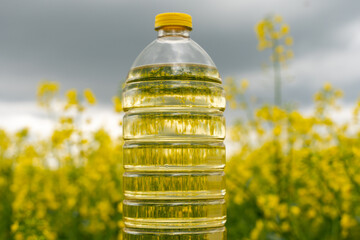 A bottle of rapeseed oil against the background of a yellow blooming rapeseed field. A bottle of...