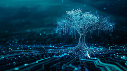 Tree, tech and wireframe with innovation, green energy and internet with database and sustainability. Futuristic, connection and engineering for network development or eco friendly system with nature