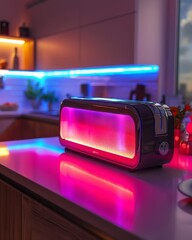 Neon toaster glowing on kitchen countertop - obrazy, fototapety, plakaty
