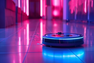 Neon robot vacuum cleaner in interior - 788335219