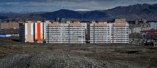 Modern multistory apartment buildings. Residential area. Top View. Spring 2024. Ust-Kamenogorsk (Kazakhstan)