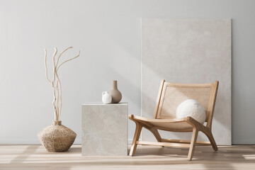 View of modern scandinavian style interior with chair and trendy vase, Home staging and minimalism concept © kite_rin