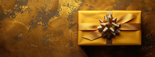 Gift box in yellow craft wrapping paper and gold ribbon on yellow background. - 788335688