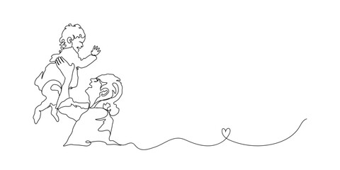 Continuous Line Art of Motherhood, Carry baby, Happy Mother day card, one line drawing, parent and child silhouette hand drawn. Vector illustration