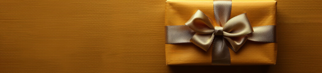 Gift box in yellow craft wrapping paper and gold ribbon on yellow background.