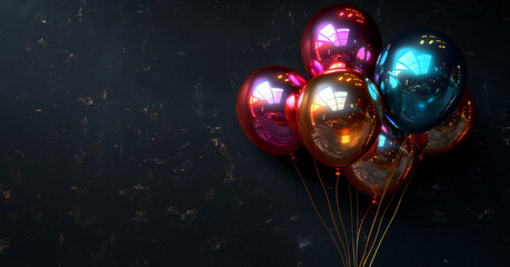 Festive golden and colourful metallic balloons for events.