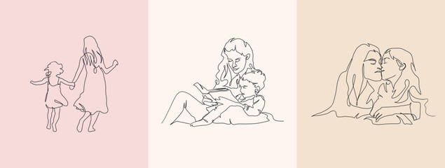 Set of Continuous Line Art of Motherhood, Happy Mother day, one line drawing, parent and child silhouette hand drawn. Vector illustration