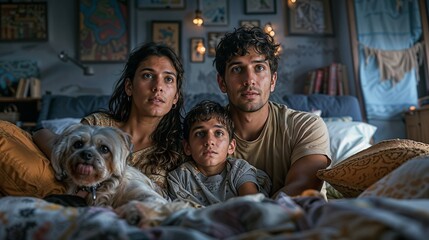 A captivated family with their pet dog intensely watches a movie together, sharing a moment of connection in the cozy and warm ambience of their living room.
