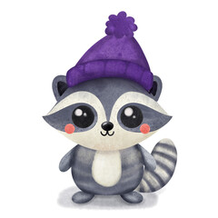 Cute Cartoon Raccoon Wearing a Purple Hat