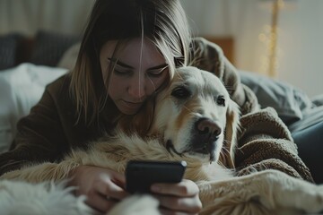 Woman resting with dog in cozy room - 788336401
