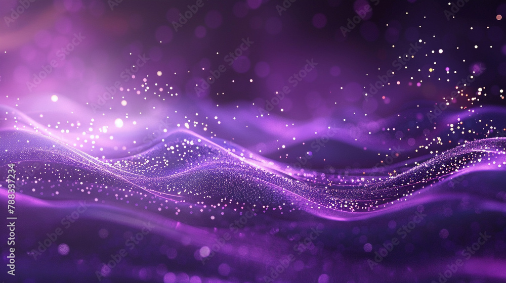 Poster digital purple particles wave and light abstract background with shining dots and stars.