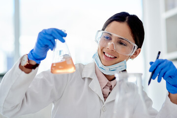 Fototapeta premium Woman, scientist and happy in lab with chemical reaction in glass for research, study and scientific experiment. Biotechnology, innovation and medical tools with liquid or acid for discovery and test