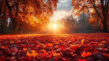 A peaceful meadow is blanketed with a carpet of colorful autumn leaves, creating a vibrant tapestry of reds, oranges, and yellows. The crisp air is filled with the earthy scent of fallen leaves, while