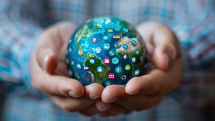 Modern Technology Concept: Businessman Holding Earth with Mobile App Icons, Modern Technology and Internet