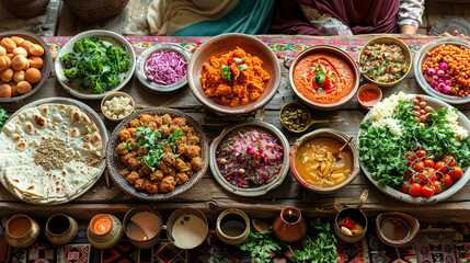 Festive table with traditional dishes for celebrating Eid al-Adha. View from above.