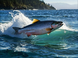 Naklejka premium salmon jumping from the sea surface
