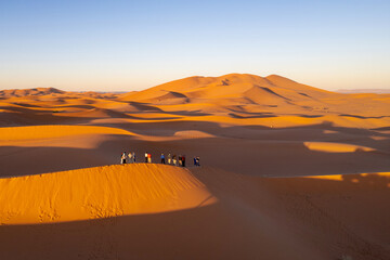 Tourists in the Sahara Desert on sandboarding