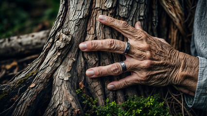 An elderly individual places their hands on a mossy tree trunk.