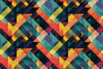 Colorful geometric pattern with overlapping triangles and a distressed texture