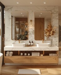 Modern Bathroom With Two Sinks and Bathtub