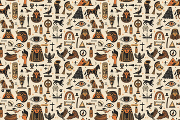 Egyptian symbols seamless pattern with ancient icons and hieroglyphs