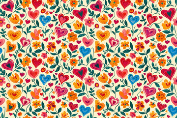 Colorful folk art floral and hearts seamless pattern