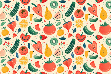 Seamless fruit pattern with a variety of colorful healthy food items