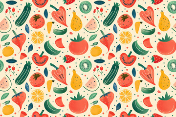 Seamless fruit pattern with a variety of colorful healthy food items
