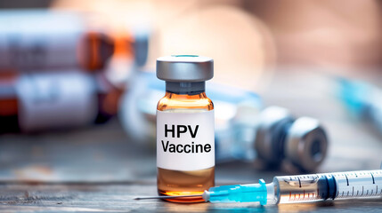 Vial or ampoule with HPV Vaccine, and a blurred injection needle in the background.