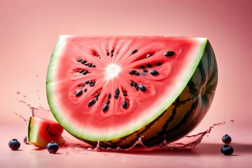 juicy ripe watermelon, splash of juice, isolated on pink background