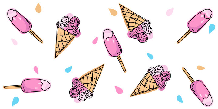 Colorful Doodle seamless pattern Ice Cream in beige cone and popsicle on beige stick in violet and pink colors. Editable stroke. Vector illustration for cards, business, banners, textile, wrapping	