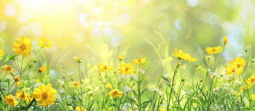 Background of summer with flowers. Background of spring with nature and yellow flowers.