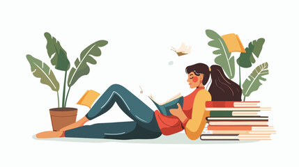 Young woman lying and reading books at home. Student