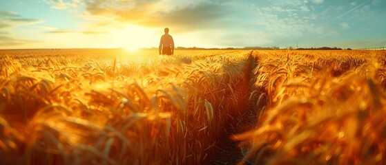 Serenity at Sunset: A Farmer's Golden Harvest. Concept Farm Life, Sunset Scenery, Harvest Season, Golden Fields, Peaceful Moments