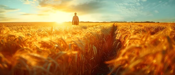 Fotobehang Serenity at Sunset: A Farmer's Golden Harvest. Concept Farm Life, Sunset Scenery, Harvest Season, Golden Fields, Peaceful Moments © Anastasiia
