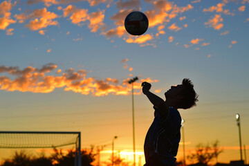 Silhouette of soccer player practicing headers at sunset