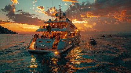 Boat With People on Ocean, yacht party - obrazy, fototapety, plakaty