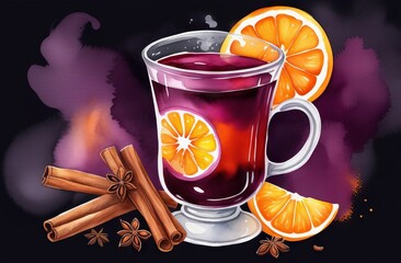 Mulled wine with orange and spices in watercolor style - 788340269
