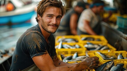 Obraz premium Man Holding Bunch of Fish