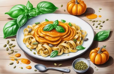 Pasta with pumpkin sauce, seeds and basil in plate - 788340808