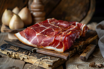 Decadent Delicacy of Iberian Ham Ready for Carving in Authentic Rustic Setting - obrazy, fototapety, plakaty