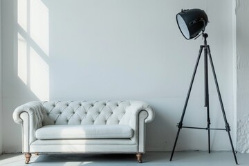 Contrasting Styles. Classic white Chesterfield sofa next to an industrial-style metal lamp on a white wall.