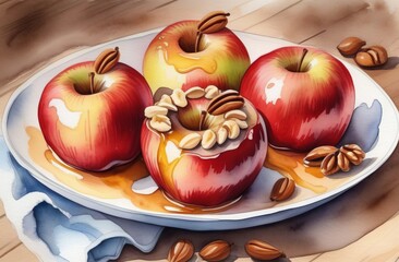 Baked apples with nuts and honey in watercolor style - 788341058