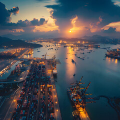 Sunset over the Tariff Gateway: Port Scene of Global Trade - obrazy, fototapety, plakaty