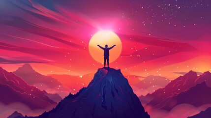Triumphant Figure Radiating Energy atop Sunrise Mountain
